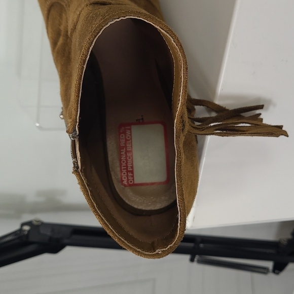 Indigo Road Rd Irfume Peep Toe Heeled Fringe Ankle Boots- Faux Suede Camel Brown - Picture 10 of 12